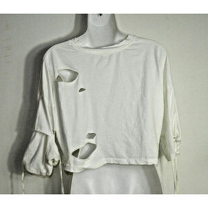 POL Clothing Shirt White‎ Cropped Distressed Beaded Strings Western Country